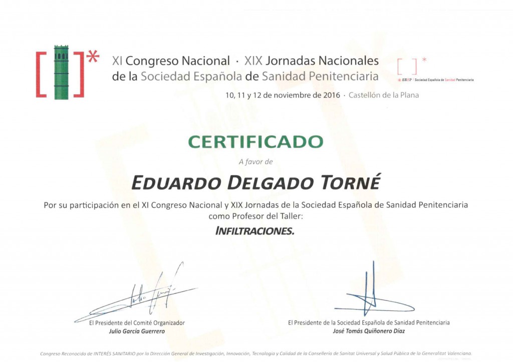 Diploma-Profesor-Infiltraciones-Congreso-Penintenciaria-12-11-2016-Castellón